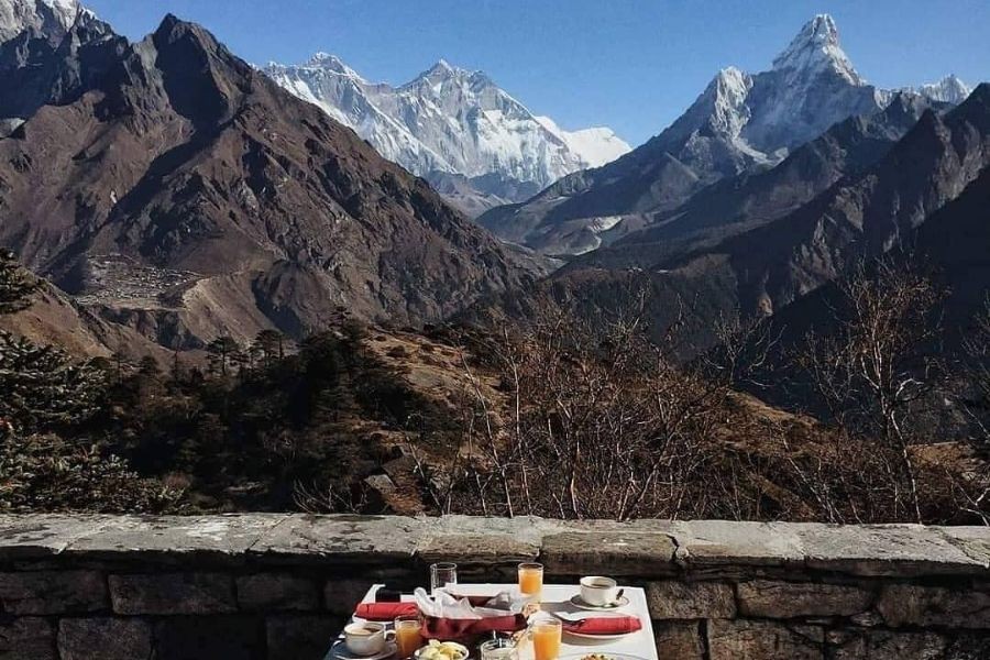 Breakfast at Everest view hotel with enjoying mountain views.